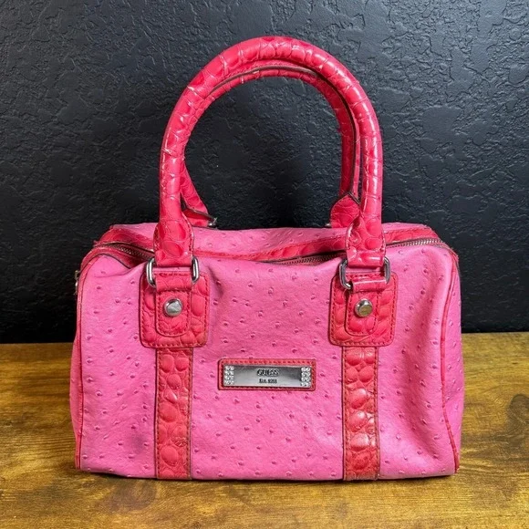 GUESS Ostrich Embossed‎ Pink Faux Leather Satchel Handbag Womens Medium