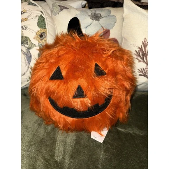 Novogratz Halloween Pumpkin Fluffy Faux Fur‎ Jack-O-Lantern Throw Pillow Fuzzy