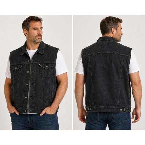 Levis Mens Denim Trucker Vest Black Sleeveless Jacket 4XLT Big & Tall 3068