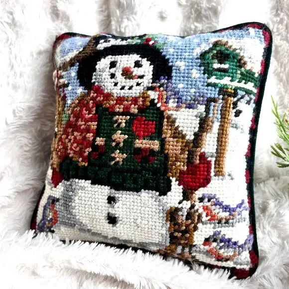 VTG Needlepoint Velvet Pillow Snowman Birds Holiday Christmas Winter Pillow 7