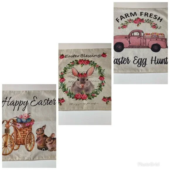 3 Easter Textured Sofa Pillow Covers Bunnies Eggs Farm Truck Tan‎ 16 x 17
