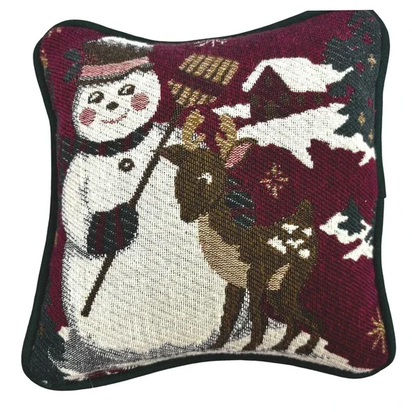 Christmas Tapestry Snowman Reindeer Small Decorative‎ Pillow Red Green 8x8