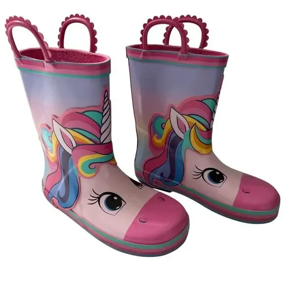 Member's Mark Girls Pink Unicorn Waterproof Pull On Rubber Rain Boots Size 11/12