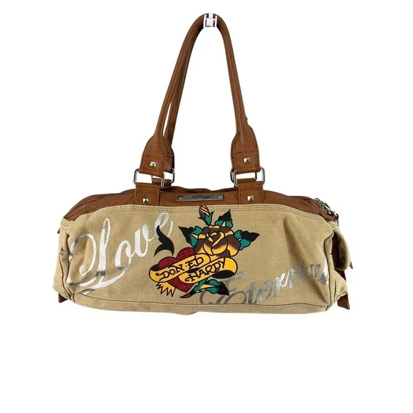Ed Hardy Satchel Bag Tan Tattoo Graphic Rhinestone Love Eternal Y2K Retro