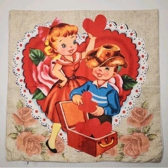 Vintage Inspired Valentine Greeting Boy Cowboy Hearts‎ Pillow Cover