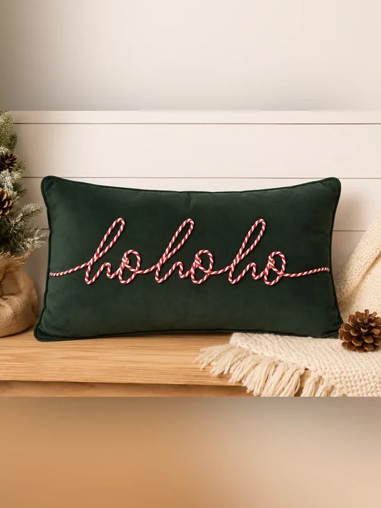 Source Unknown Dark Green Holiday Pillow with Red and White Rope 'hohoho'