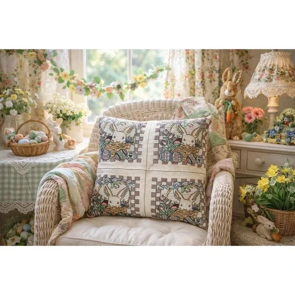VTG Needlepoint Tapestry‎ Four Window Bunny Easter Pillow, 11.5x11.5