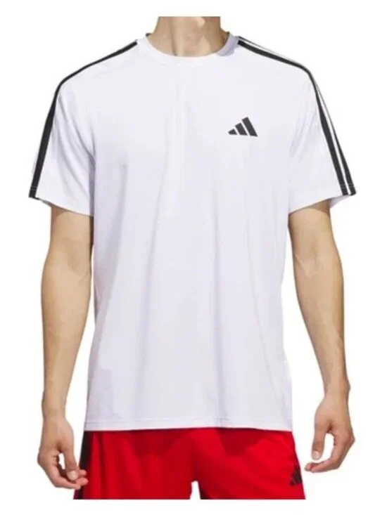 Adidas Men's XL White Athletic Tee With Black Stripes On Sleeves Logo On Chest