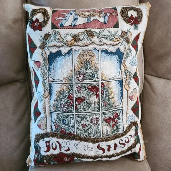 Christmas Throw Pillow Tree Scene Joy Season Burgundy Gold Lamé 12 x 16 Vintage