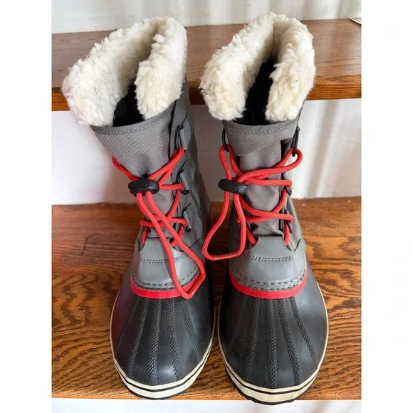 Sorel Yoot Pac Nylon Waterproof Winter Snow Boots Gray Red NY1879-053 Size 6