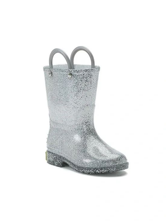 NIB. WESTERN CHIEF Silver Glitter Kids Rain Boot with Pull Handles