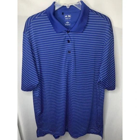 Mens L Climalite Adidas‎ Golf Blue Preppy Short Sleeve Polo Striped Shirt