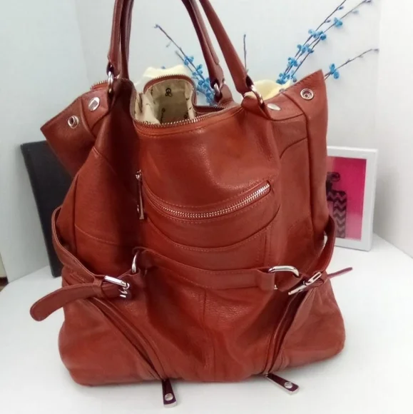 Chocolat Blu Handbag Size Large Leather Satchel Auburn Orange Color.