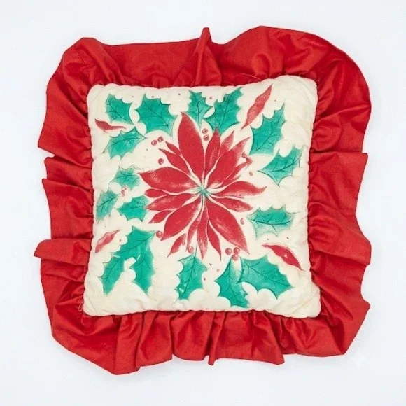 Vintage Christmas Poinsettia Holly Quilted Ruffle Throw Pillow Red Green 16x16