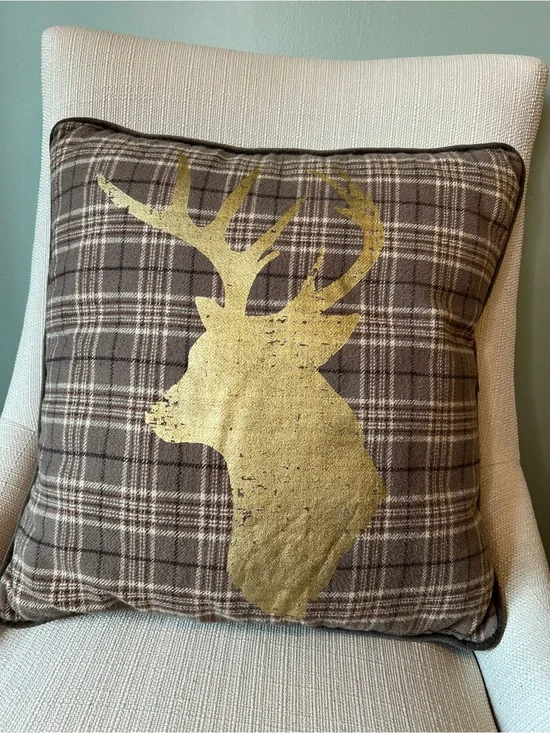 Brown Plaid and Gold Deer Pillow Pier 1