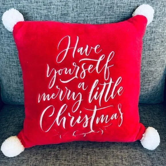 Merry Little Christmas Plush Red Holiday Throw Pillow