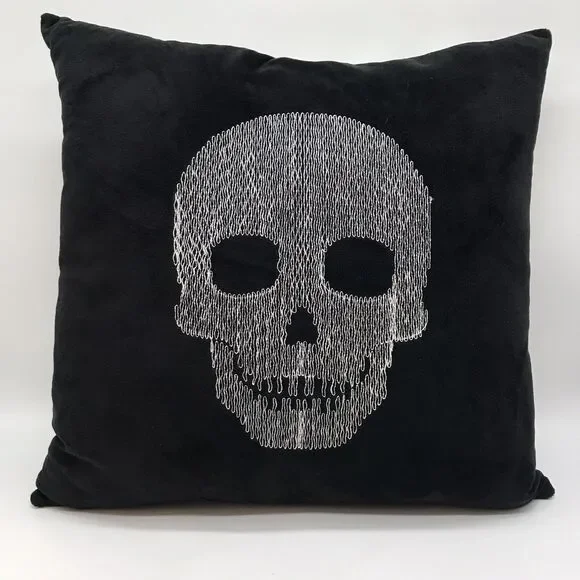 Skeleton Skull & Coffins Square Throw Pillow Plush Black White Gothic Decor 15