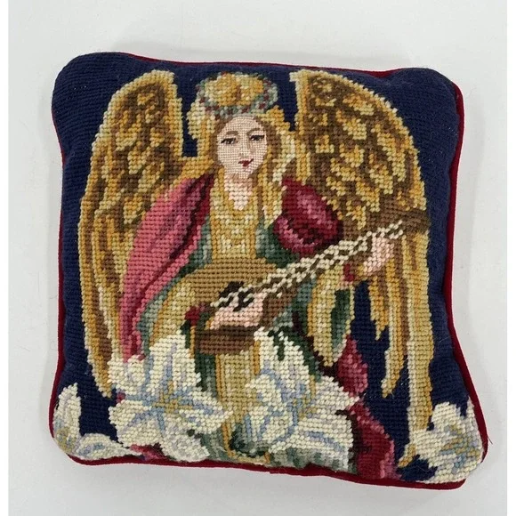 Vintage Needlepoint Wool Throw Pillow Christmas Angel Decor 9 x 9 Red Velvet