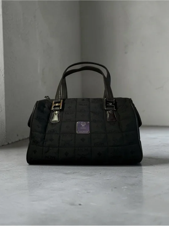 MCM Black Nylon Quilted Logo Satchel with Leather Top Handles and Side Pockets
