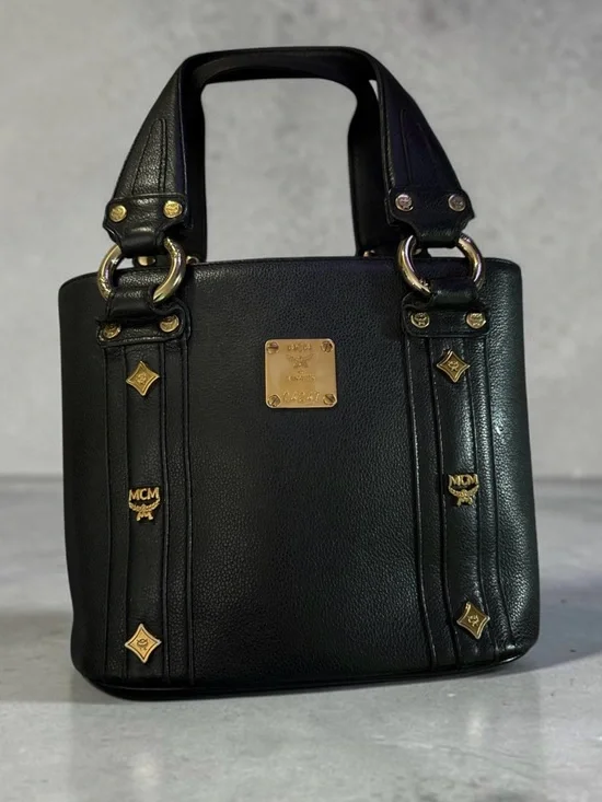 MCM Black Leather Satchel with Gold Accents 8x10x4