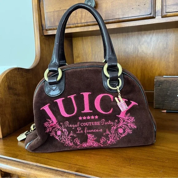 Juicy Couture Vintage Brown Bowling Bag Purse with Pink Accents