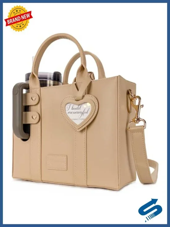 Faux Leather Crossbody Purse with Cup Holder Bag for Tumbler, Hands Free