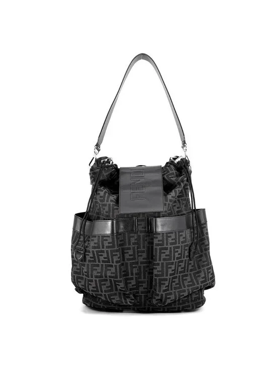 Fendi Backpack Drawstring FF Jacquard Leather Black