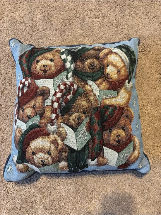 Vintage & Festive Teddy Bears Throw Pillow - Blue