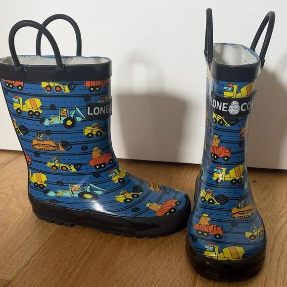 Kids Blue Construction Print Rain Boots with Pull Handles