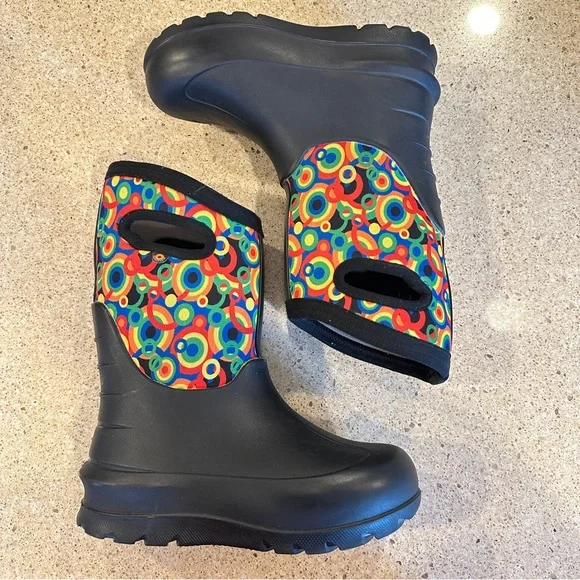 BOGS NEO-CLASSIC CIRCLE GEO 3 Season Waterproof Black Rain‎ Boots Kid Youth Sz 1