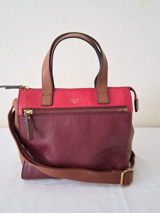 Fossil Women’s Leather Satchel Handbag in Burgundy, Red & Brown