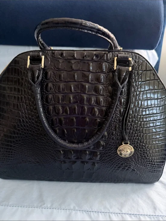 Brahmin Ink Blue Croc-Embossed Satchel with Gold Charm