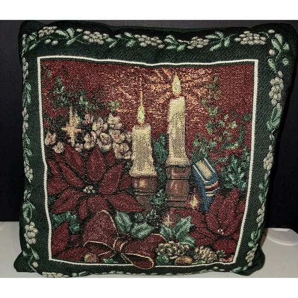 Holiday Tapestry Pillow Christmas Candles Poinsettia Floral‎ Decorative Cushion