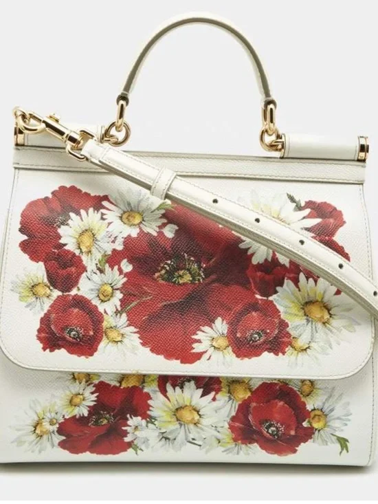 Dolce & Gabbana White Top-Handle Satchel with Red Poppy and Yellow Daisy Print