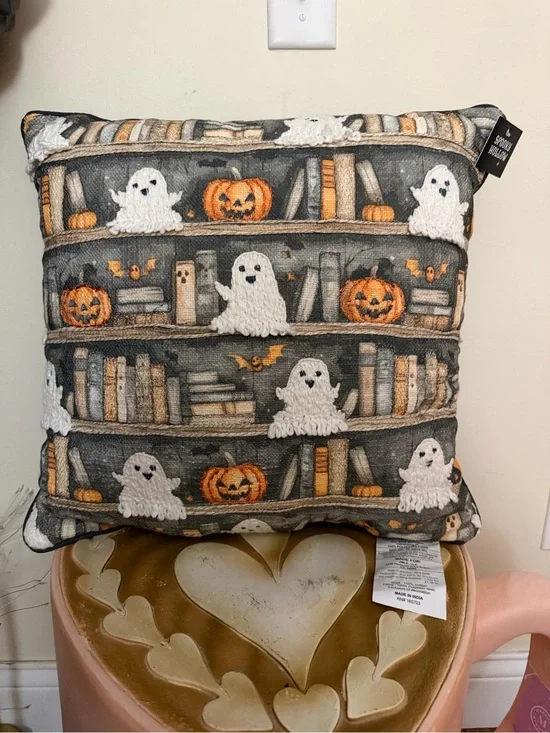 Spooky Hollow Halloween Throw Pillow with Ghosts & Bats on Book Shelf