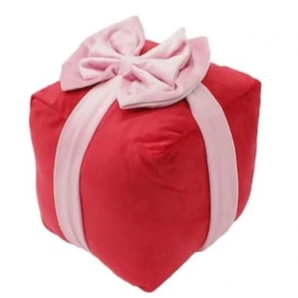 Red Gift Box Plush Pouf with Pink Bow Christmas present pillow throe pillow bed