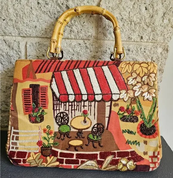 Isabella Fiore French Cafe Embellished Beaded Bamboo Handle Satchel Bag
