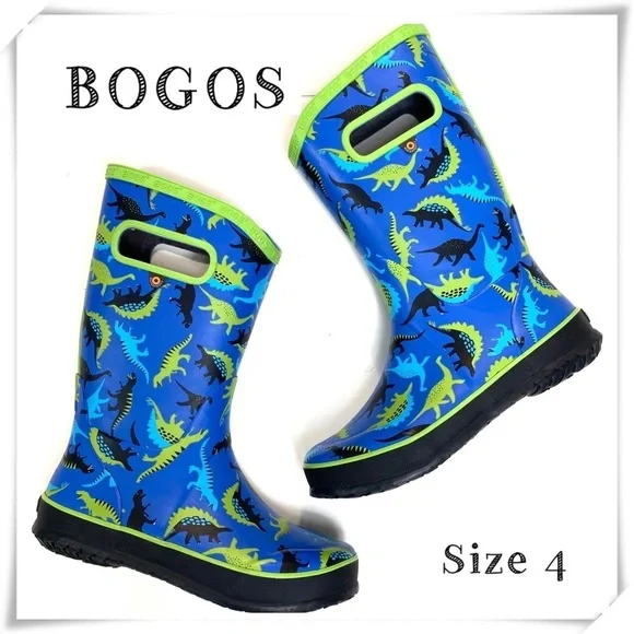 Bogs Paddle at Dino Dinosaurs Print Knee high Rain Boot Blue Size 4 Youth NWOT