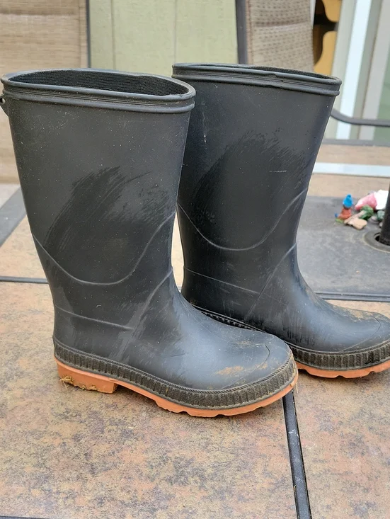 Black Rubber Rain Boots with Brown Soles