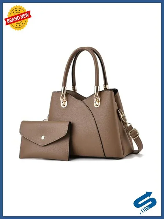 PU Leather Top Handle Tote Bag Women Satchel 3 Compartments Detachable Strap