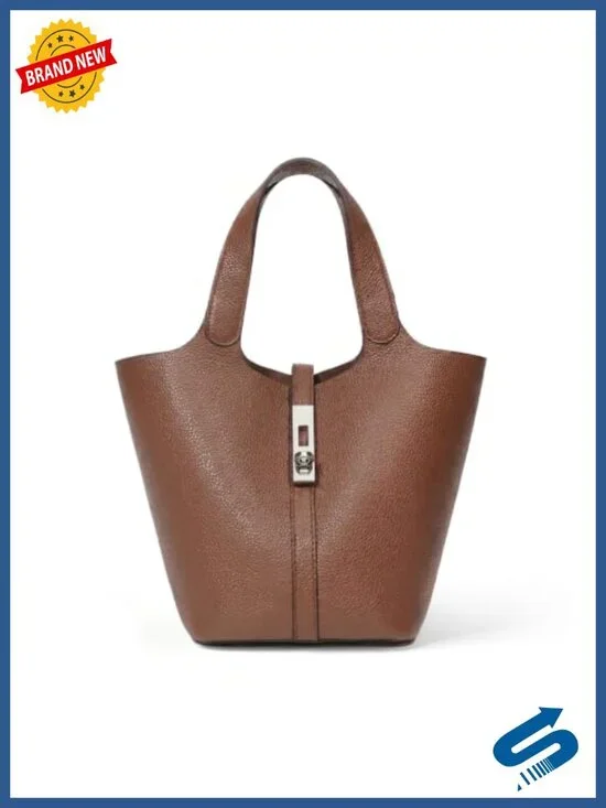 Vegan Leather Top Handle Bucket Purse Satchel Bag with Lock Design