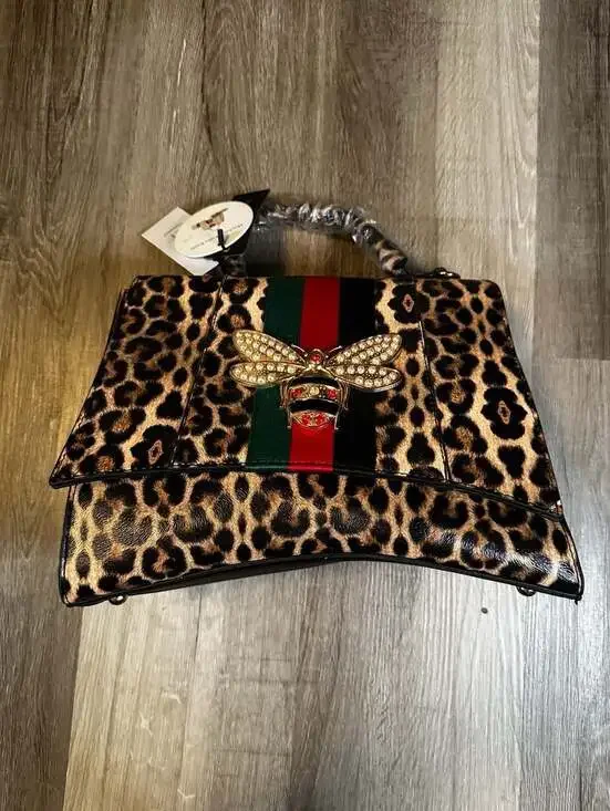 Soulfina Vegan Leopard Print Satchel with Bee Embellishment