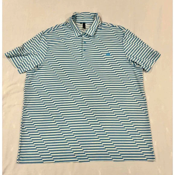 Adidas Mens Golf Polo Shirt Blue‎ White Striped Conquistador 2XL Geometric Mesh