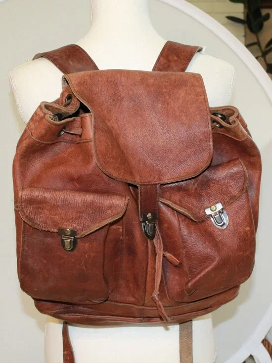 Vintage Brown Smooth Leather Drawstring Flap Close Unlined Rucksack Backpack