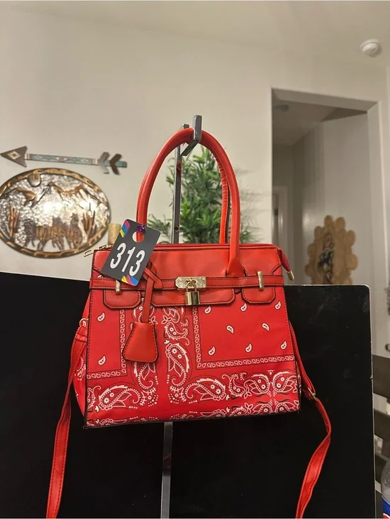 Red #313  Paisley Satchel with Top Handles and Adjustable Shoulder Strap