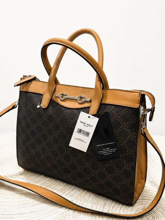 Nine West Brown Monogram Satchel with Tan Trim and Silver Hardware