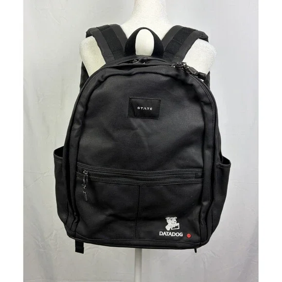STATE Black Brand Laptop Double Pocket Backpack Datadog Branding 16” x 14” EUC