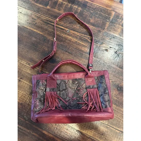 Doray Burgundy Leather Snakeskin Fringe Satchel Crossbody Bag Floral Lining‎