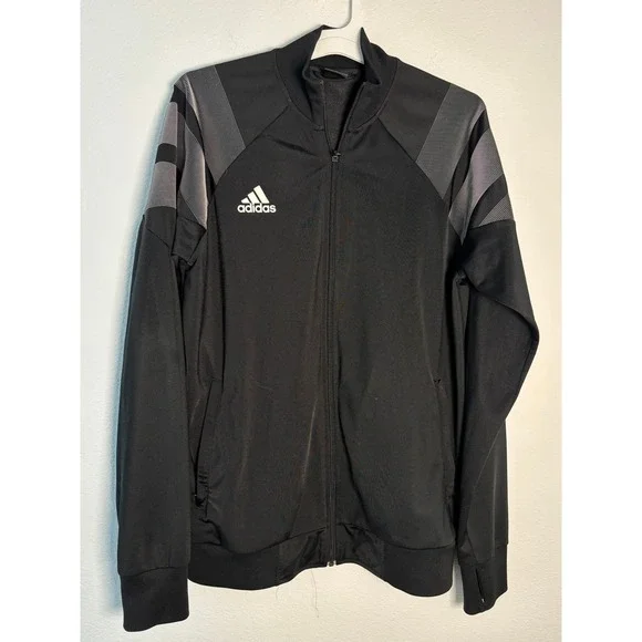 Adidas Mens Full Zip Track Jacket Black Grey Striped Soccer Training Large