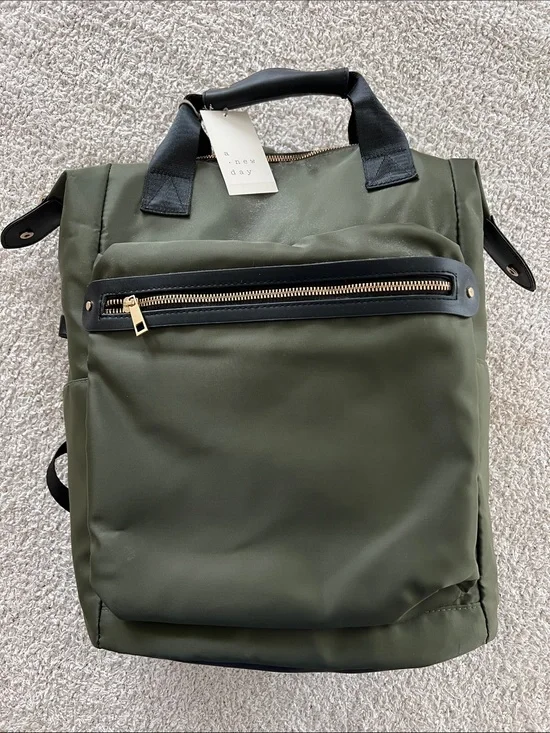 a new day Olive Green Backpack with Gold Zipper and Black Trim
